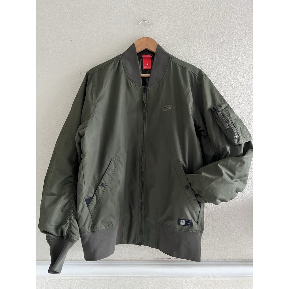 Nike Mens L Bomber Flight Jacket Olive Green Zip Up Streetwear Utility Modern